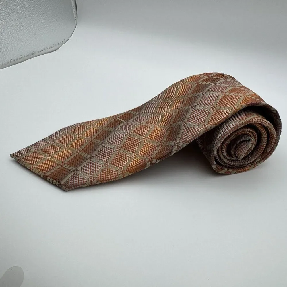 Lucio Lamberti 100% Pura Seta Silk Tie Made in Italy Orange Geometric Plaid 3.75